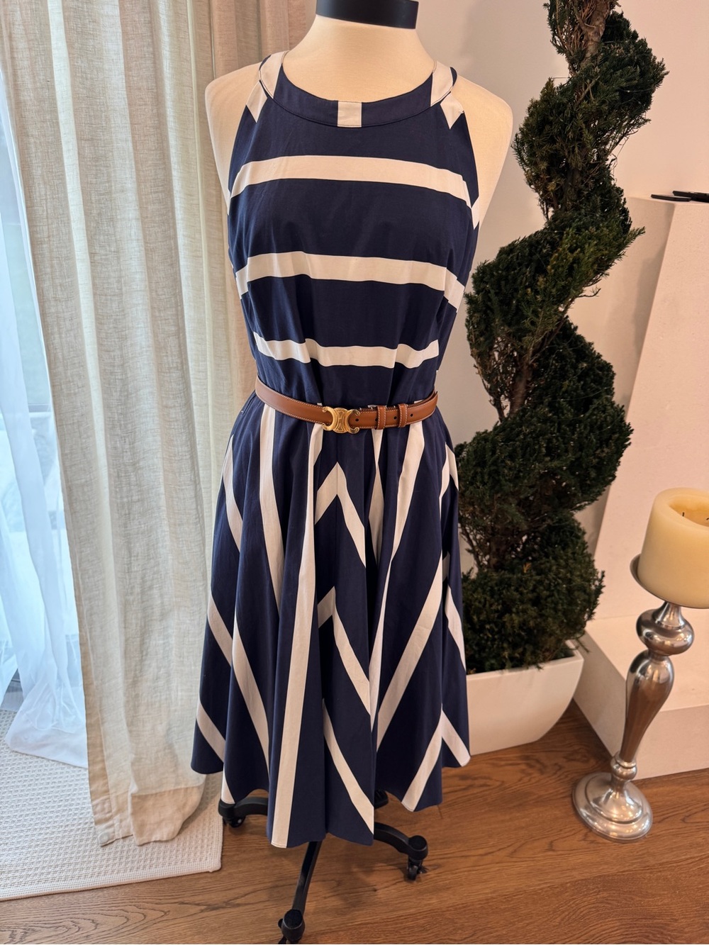 Eliza J Navy and White Striped Fit-and-Flare Dress - Size 12